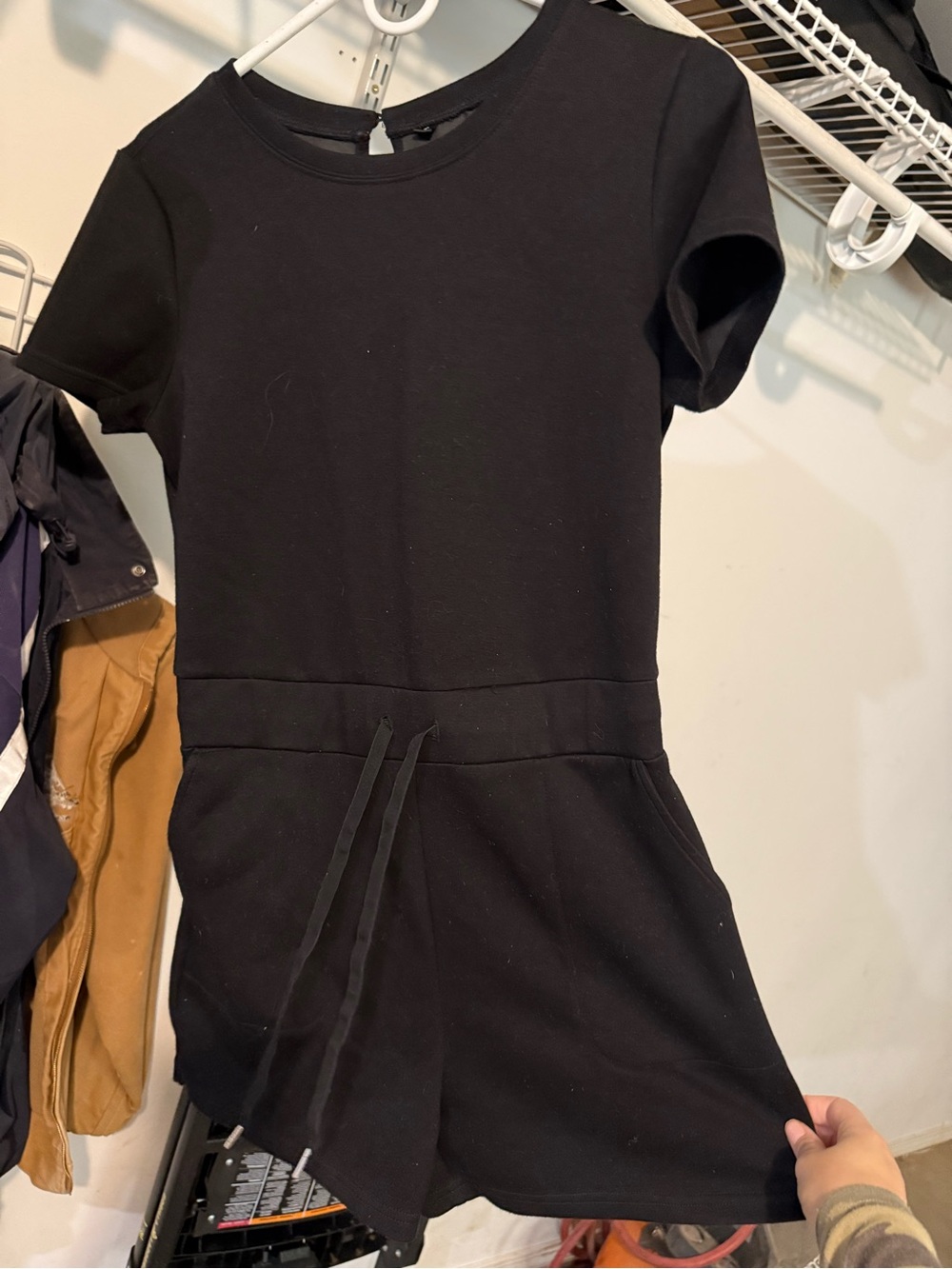 Black Short Sleeve Drawstring Skater Dress